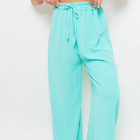 Light turquoise drawstring gathered-waist wide-leg trousers with elastic waist tie