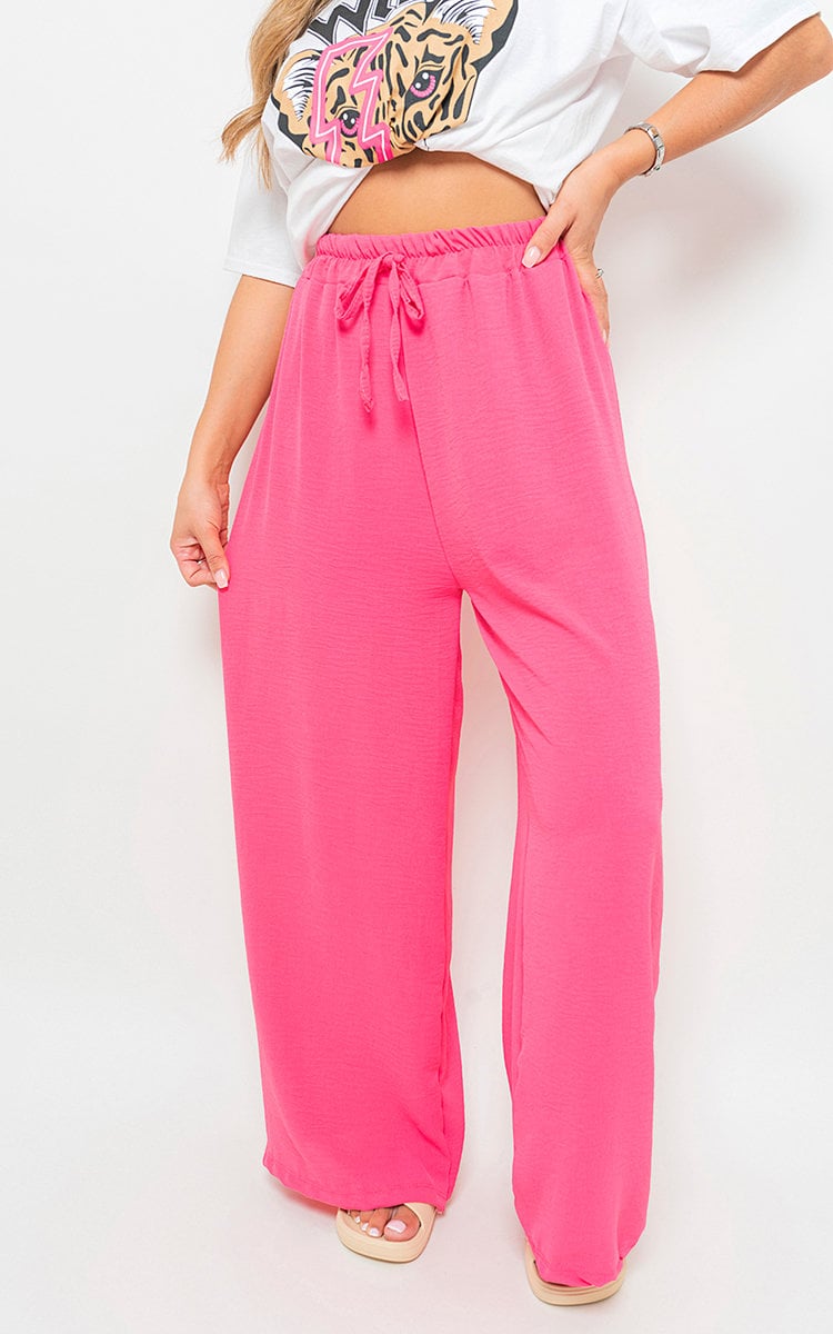 Fuchsia wide-leg trousers with drawstring gathered waist and relaxed fit