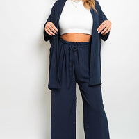 Navy wide-leg trousers with drawstring gathered waist and loose, flowing legs
