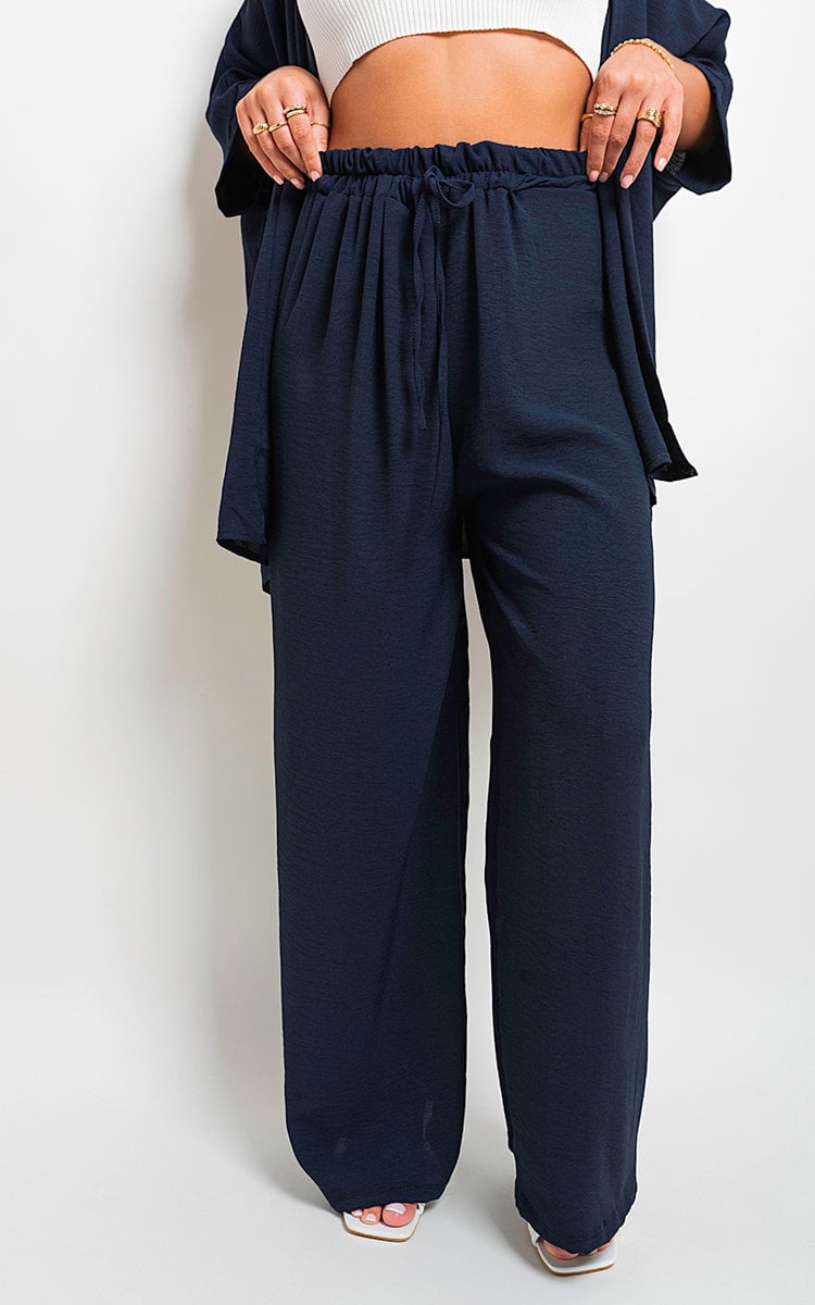 Navy drawstring gathered-waist wide-leg trousers with elastic waistband