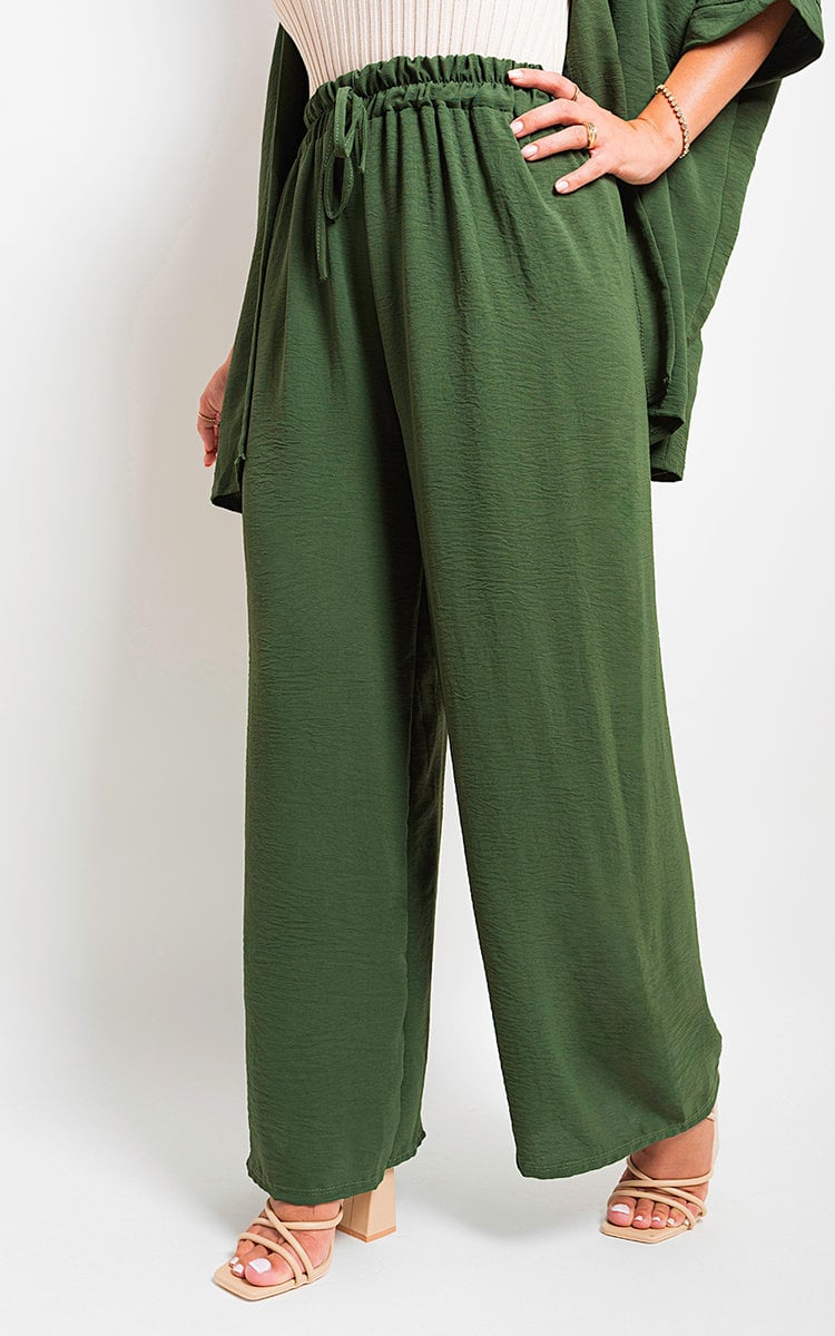 Dark green drawstring gathered-waist wide-leg trousers with soft pleated front
