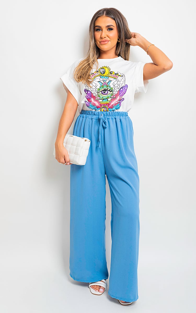 Blue drawstring gathered-waist wide-leg trousers with flowing wide pant legs