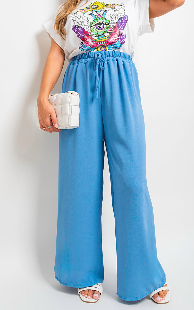 Blue wide-leg trousers with elastic drawstring waist and roomy straight drape