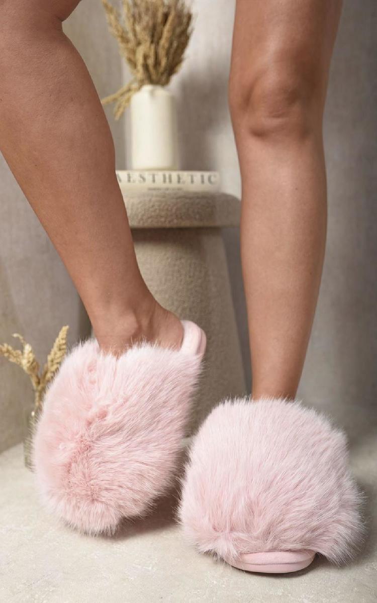 Faux Fur Slippers in Pink with Fluffy Uppers and Open Backs