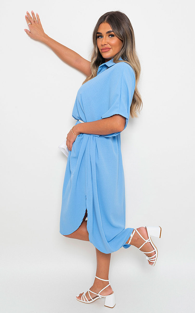 Sky blue button-down collared midi dress with two front pockets and side slit