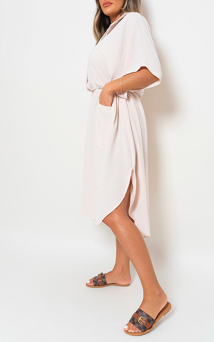 White button-front collared midi dress with two front pockets and side slit