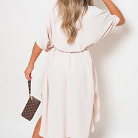 Off-white button-down collared midi dress with two front pockets and belt tie