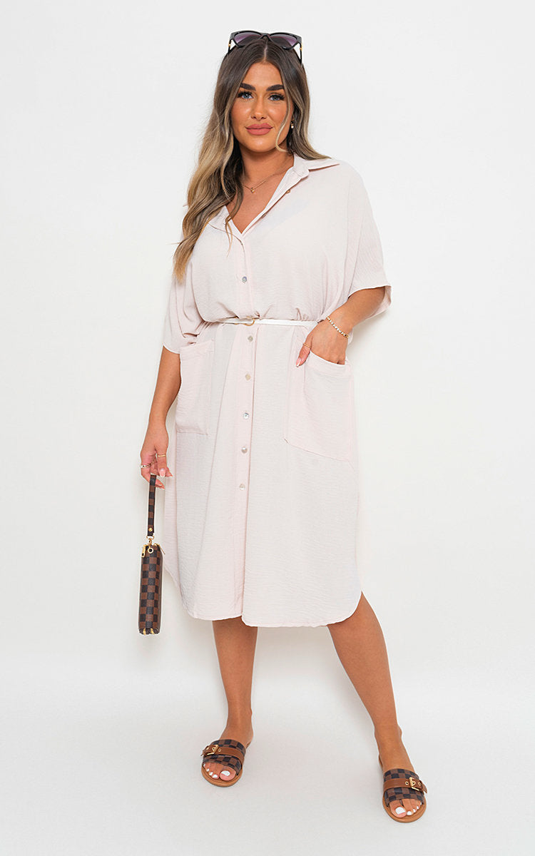 White collared midi button-down dress with button front and two front pockets