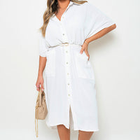 White button-down collared midi dress with two front pockets and belt-tie waist