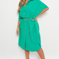 Green button-down collared midi dress with two front pockets and tied waist