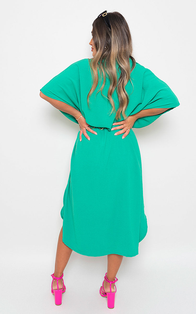 Teal-green button-down collared midi dress with two front pockets and back waist tie