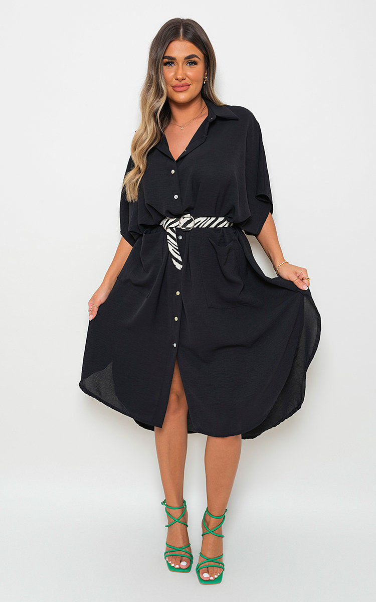 Black button-down collared midi dress with two front pockets and waist belt