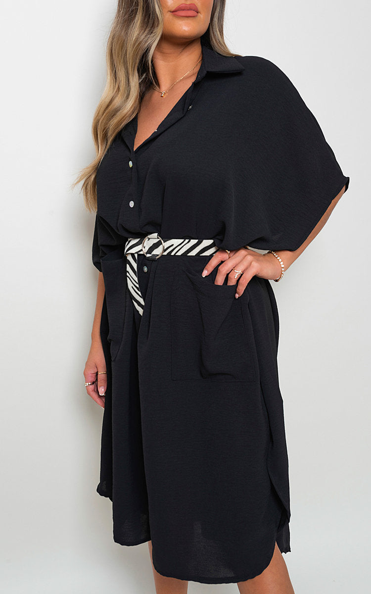 Black collared button-down midi dress with two front pockets and waist belt in front view