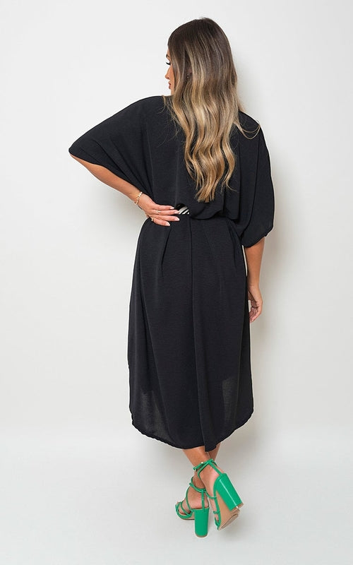 Black button-down collared midi dress with belt tie and two front pockets (back)