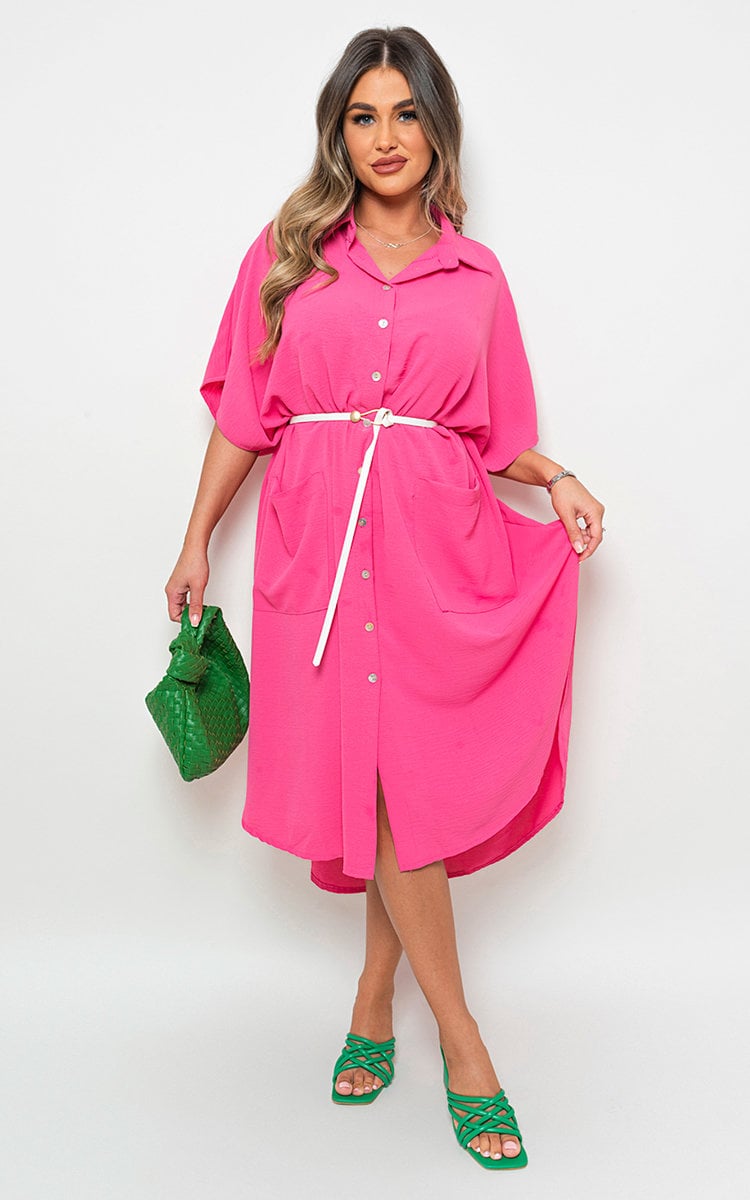 Fuchsia button-down collared midi dress with two front pockets and white belt tie