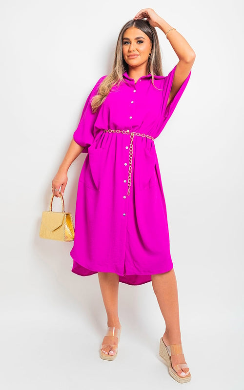 Magenta button-down collared midi dress with two front pockets and belt tie