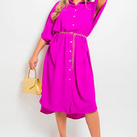 Magenta button-down collared midi dress with two front pockets and belt tie