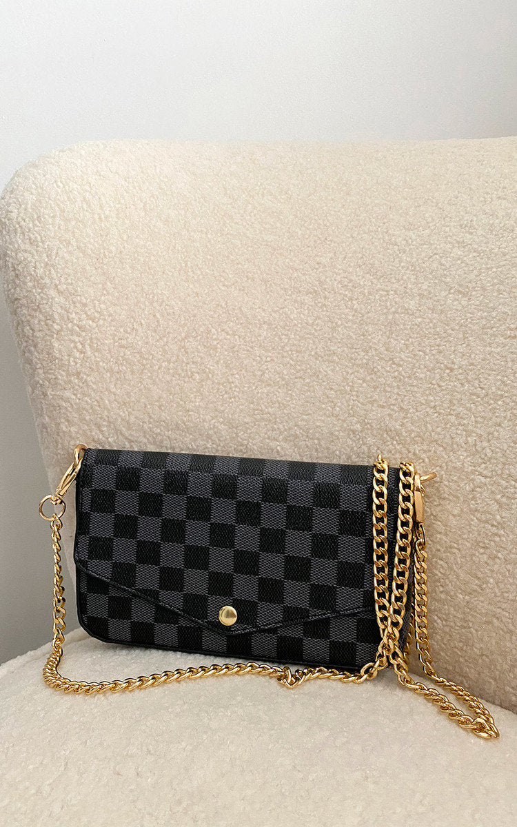Clutch Bag in Black Check with Detachable Chain Strap