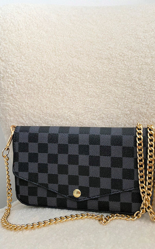 Clutch Bag in Black Check with Detachable Chain Strap