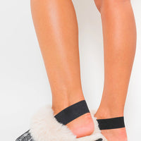 Sequin Faux Fur-Cuff Back Strap Boots