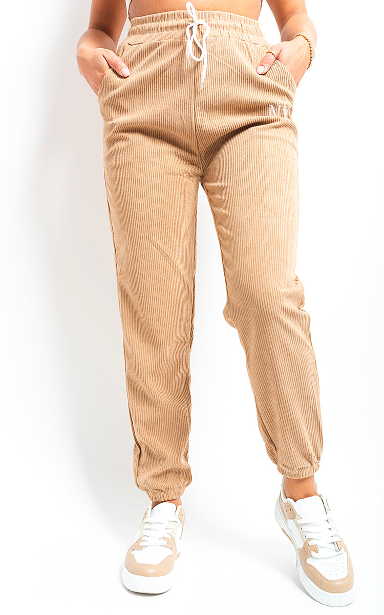 Ribbed Joggers in Khaki with Drawstring Waist and Pockets
