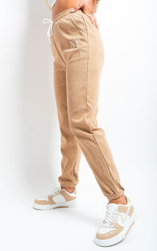 Ribbed Joggers in Khaki with Drawstring Waist and Pockets