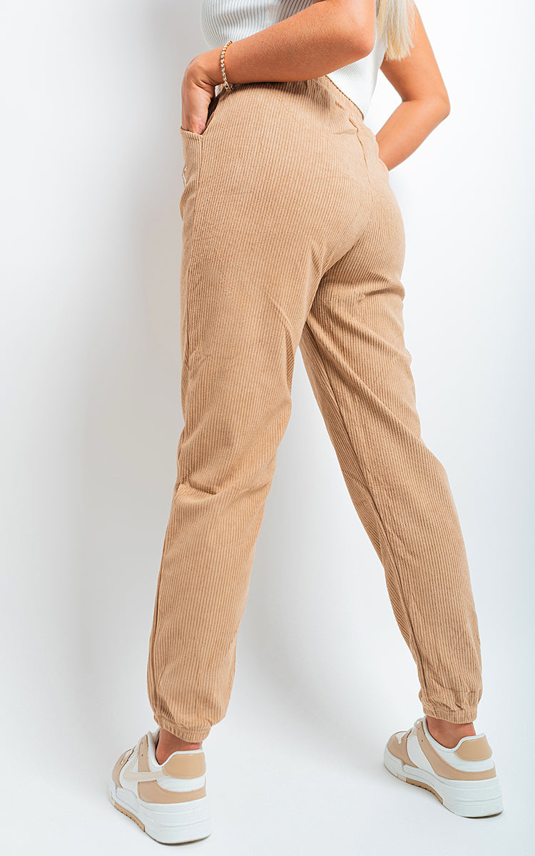 Ribbed Joggers in Khaki with Drawstring Waist and Pockets