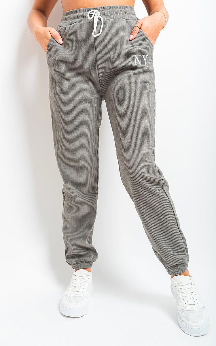 Ribbed Joggers in Khaki with Drawstring Waist and Pockets