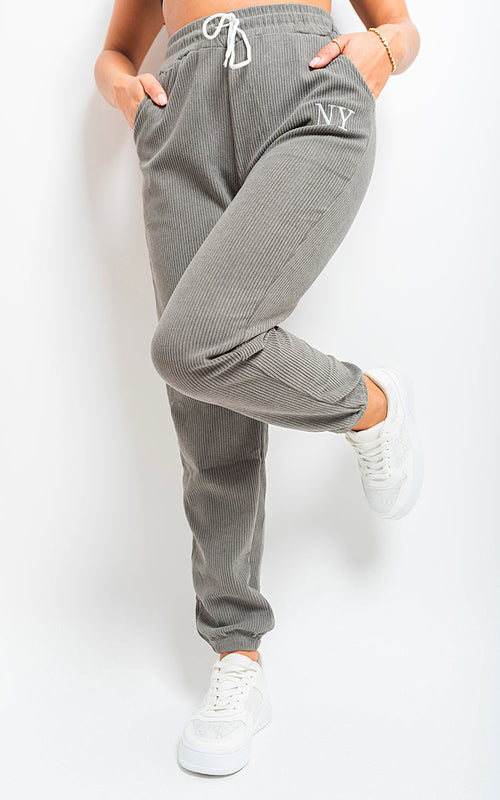 Ribbed Joggers in Khaki with Drawstring Waist and Pockets