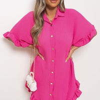 Button Down Oversized Ruffle Short Sleeve Mini Dress