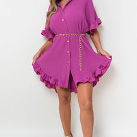 Button Down Oversized Ruffle Short Sleeve Mini Dress