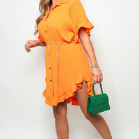 Button Down Oversized Ruffle Short Sleeve Mini Dress