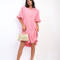Button Down Oversized Ruffle Short Sleeve Mini Dress