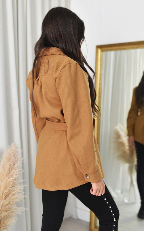 Camel belted jacket with tie waist and button details, back view