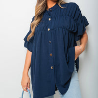 Button Down Pleated Frill Tops