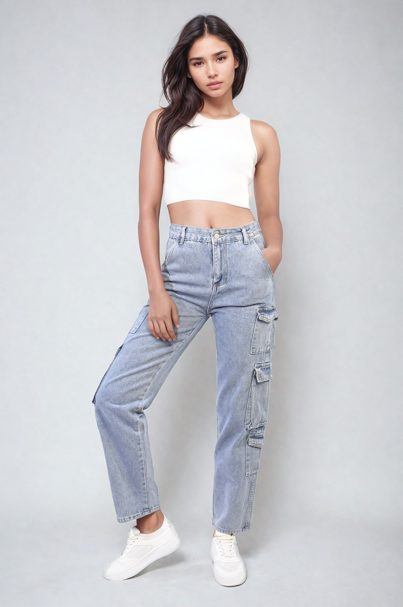 Light blue denim cargo jeans with thigh flap pockets and relaxed straight leg