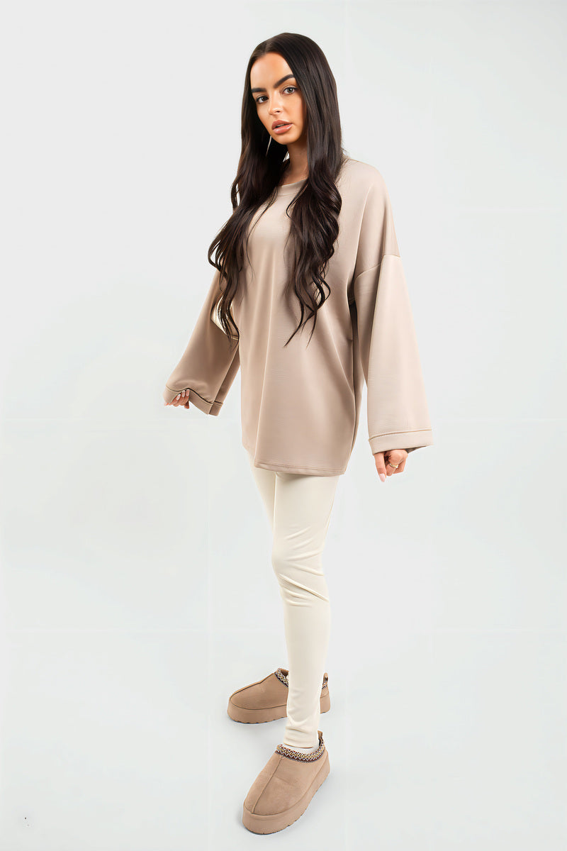 Mocha oversized crewneck sweatshirt with long sleeves, side front view