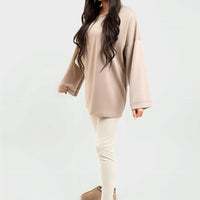 Mocha oversized crewneck sweatshirt with long sleeves, side front view