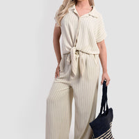 Light beige striped co-ord set: tied short-sleeve top and wide-leg trousers