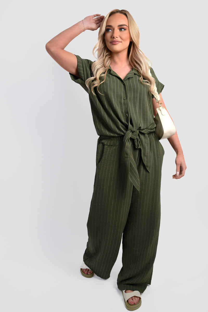 Striped co-ord set in dark green: tie-front short-sleeve shirt and wide-leg trousers