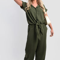 Striped co-ord set in dark green: tie-front short-sleeve shirt and wide-leg trousers