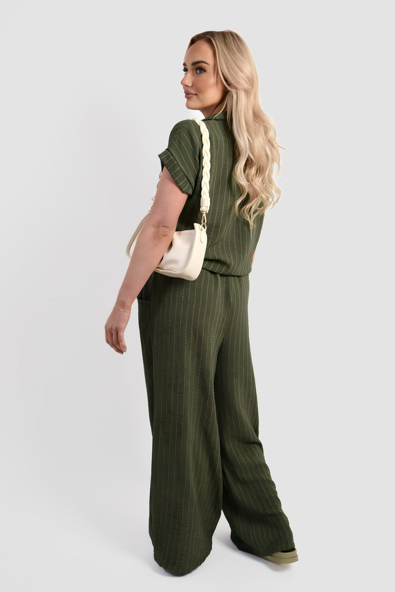 Olive green pinstripe tie-front shirt with matching wide-leg trousers co-ord set