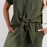 Dark green striped short-sleeve shirt with button front and tied waist over matching trousers