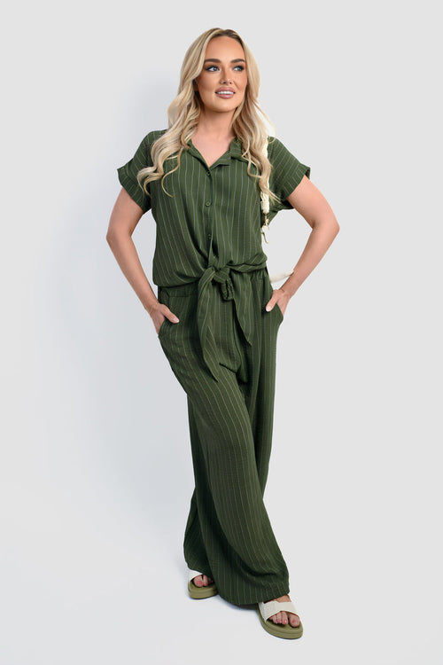 Striped tie-front shirt and wide-leg trousers set, dark green pinstripe