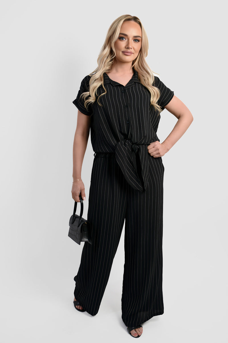 Black striped tie-front short-sleeve top and wide-leg trousers co-ord set