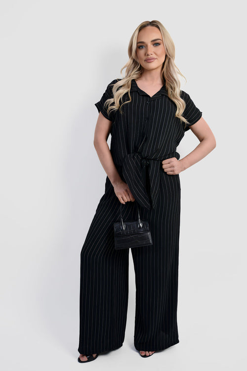 Striped short-sleeve tie-front shirt and wide-leg trousers set, dark navy pinstripe