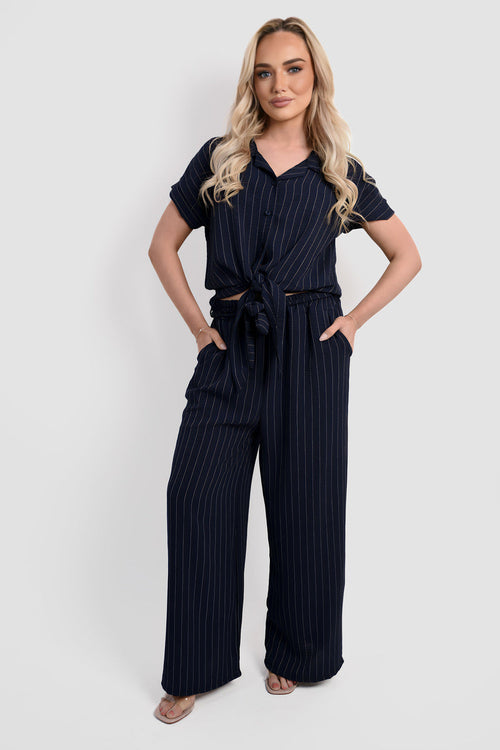 Striped tie-front shirt and wide-leg trousers set, navy pinstripe
