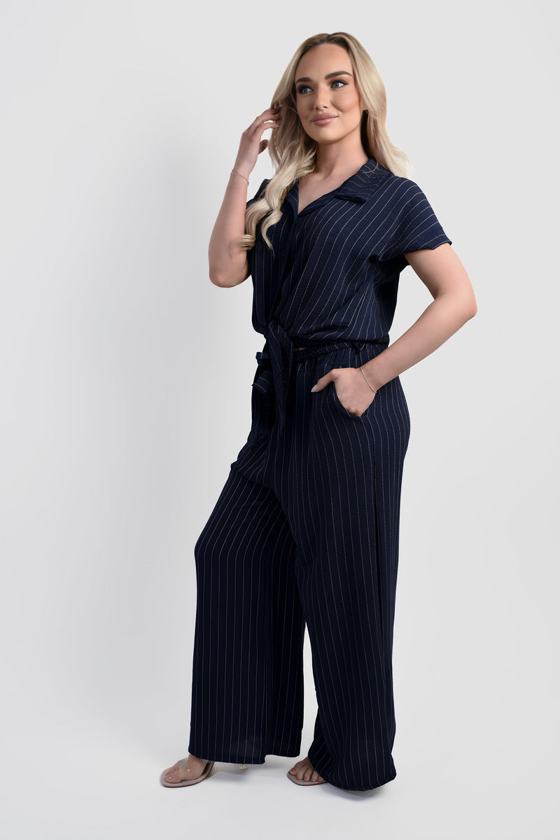 Navy pinstripe tie-front shirt with matching wide-leg trousers co-ord set
