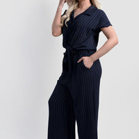 Navy pinstripe tie-front shirt with matching wide-leg trousers co-ord set