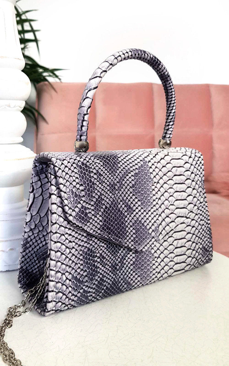 Faux Leather Handbag in Lilac with Top Handle and Chain Strap